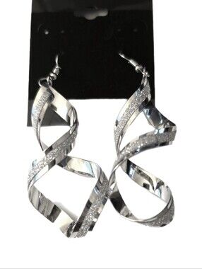 SilverToned Dangle Earrings Lightweight Shiney Textured Twisted Loop